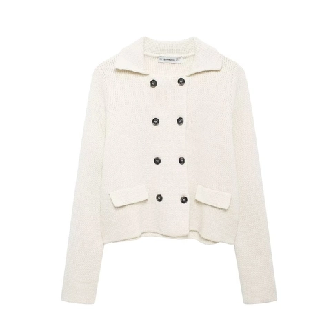 Damen Strickcardigan Mit Reverskragen Zweireihig Langarm Taschen Elegant Einfarbig Weiß