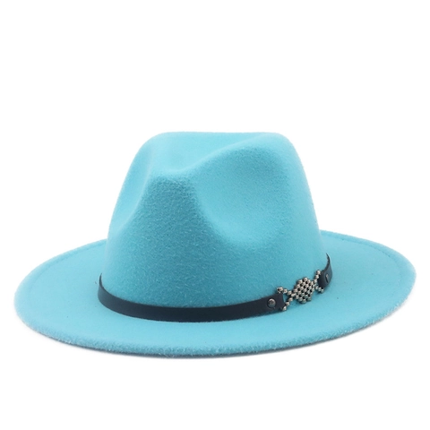 Wide Brim Fedora Hat Wool Felt Jazz Cap With Leather Band Metal Buckle Vintage Style For Men Women