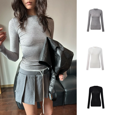Women's Slim Fit Long Sleeve T-Shirt Tencel Wool Blend Elastic Round Neck Solid Color Base Layer Top