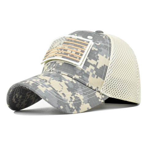 Camouflage Tactical Baseball Cap Mesh Breathable American Flag Patch Velcro Outdoor Military Style Adjustable Cotton Hat