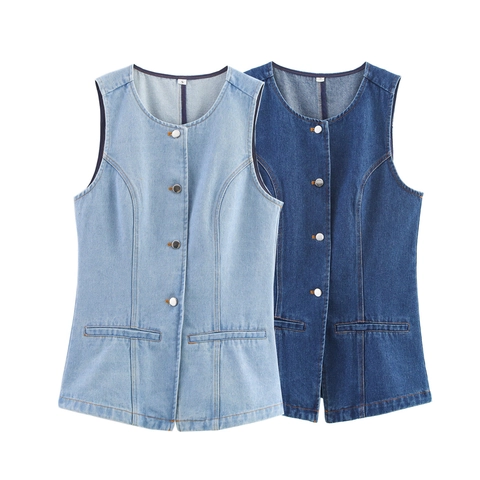 Women Denim Vest Sleeveless Round Neck Vintage Retro Single Breasted Slim Fit Casual Denim Waistcoat Top
