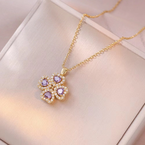 Luxury Gold Plated Titanium Steel Rotating Purple Zirconia Heart Four Leaf Clover Necklace Adjustable Ring Earrings Bracelet Jewelry Set