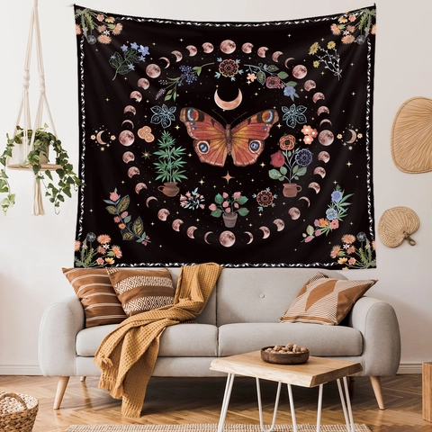 Butterfly Moon Phase Wall Tapestry Polyester Floral Botanical Celestial Bohemian Aesthetic Home Hanging Decor