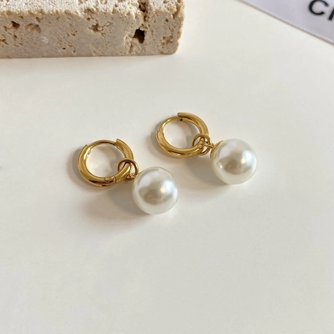 French Retro Artificial Pearl Pendant Earrings Titanium Steel 18K Gold Plated Minimalist Elegant Hoop Dangle Jewelry For Women