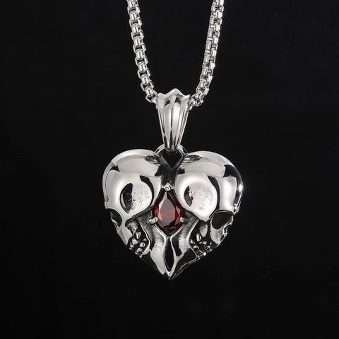 Ciondolo Cuore Teschio Punk Gotico In Acciaio Inossidabile Con Intarsio Di Zircone Rosso Stile Vintage Per Uomini