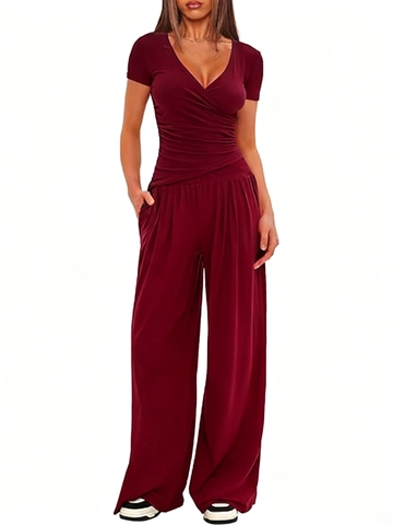 Women Elegant Solid Color V Neck Wrap Top And Wide Leg Pants Outfits Casual Office Lounge Pleated Polyester Spandex