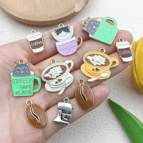 Coffee Theme Charms Zinc Alloy Enamel Drip Oil For DIY Jewelry Making Cat Teapot Coffee Bean Vintage Style Pendants
