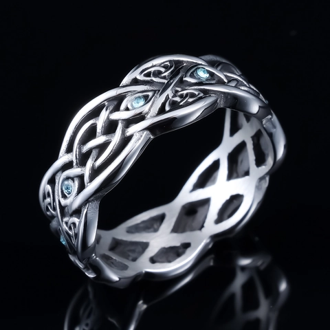Anello In Acciaio Inossidabile Con Nodo Celtico Vintage Per Uomo Pietra Sintetica Blu Fascia Traforata Gioielli Unisex