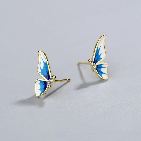 Copper Butterfly Stud Earrings Blue Gradient Drip Glue Rhinestone Inlaid Ancient Style Artistic Vintage Jewelry For Women
