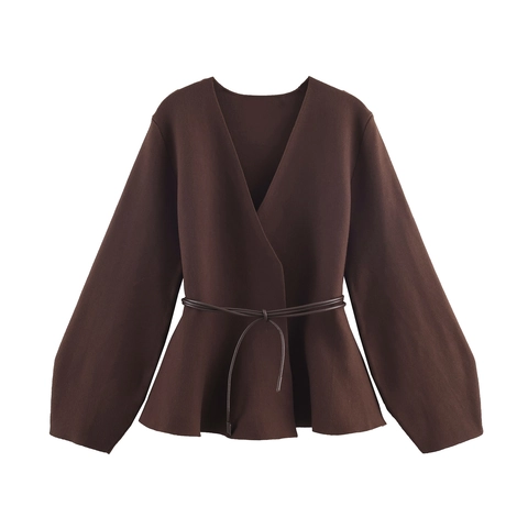 Women V Neck Wrap Knit Top Long Sleeve Belted Peplum Sweater Solid Color Elegant Fashion