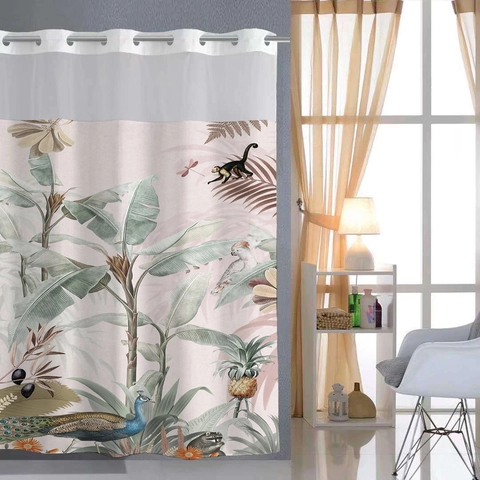 Polyester Shower Curtain Hookless With Detachable Liner Waffle Weave Waterproof Mesh Window Weighted Hem Tropical Prints
