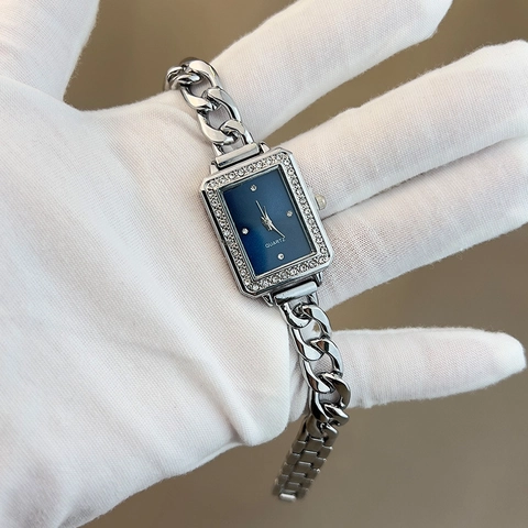 Damen Quarzuhr Vintage Rechteckiges Zifferblatt Strass Lünette Metallkette Armband Strap Elegant Mode Für Damen
