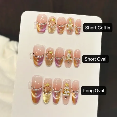 Unghie Finte Fatte A Mano Sfumate Rosa Stella Perla Artificial Strass Mandorla Lunga Natale Per Donne