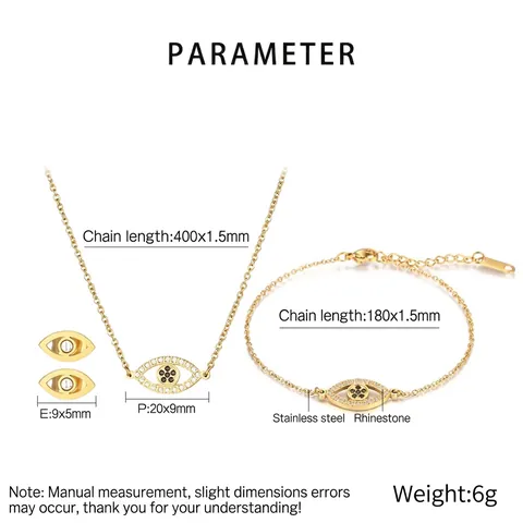 Collana Bracciale Orecchini Malocchio Acciaio Inossidabile Strass Zircone Gioielli Per Donna Elegante