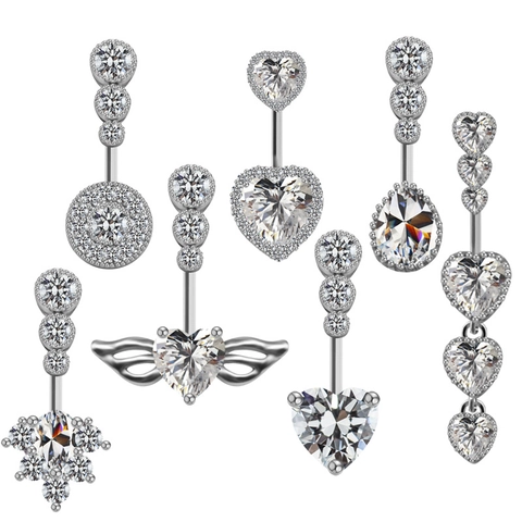 Heart Wing Dangle Belly Piercing Ring 316L Stainless Steel Copper Cubic Zirconia Navel Stud Body Jewelry For Women