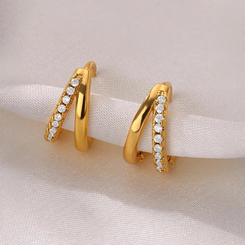 Minimalist Hoop Huggie Earrings Gold Plated Copper CZ Zirconia Enamel Heart Teardrop Triple Layer Trendy Jewelry For Women