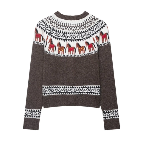 Cardigan In Maglia Vintage Western Donna Motivo Cavallo Fair Isle Ricamo Cactus Girocollo Maglione Bottoni