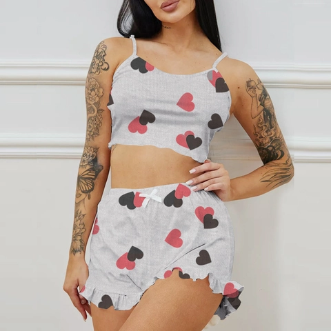Damen Cami Top Und Rüschen Shorts Herz Print Rippstrick Ärmellos Süße Sommer Loungewear Schlafanzug Casual Sleepwear
