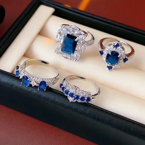 Anillo Abierto Ajustable Cobre Azul Circonita Encaje Hueco Geométrico Joyería De Moda Para Mujeres