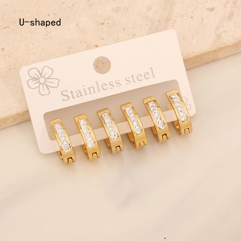 Stainless Steel Rhinestone Hoop Earrings For Women Geometric Round Heart U-shaped Gold Silver Plated Fashion Jewelry Accessory