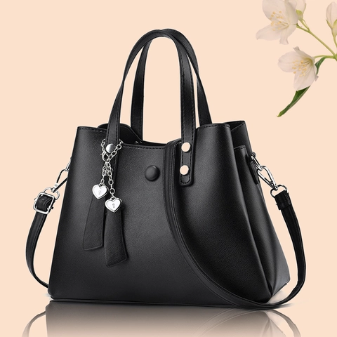 Women Handbag Tote PU Leather Large Capacity Solid Color With Heart Pendant Commuting Shoulder Bag Adjustable Strap