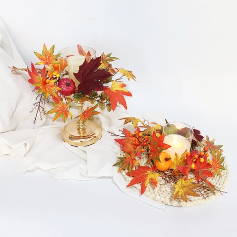 Artificial Maple Leaf Pumpkin Candle Ring Autumn Harvest Thanksgiving Halloween Table Decoration Satin Foam Floral Wreath
