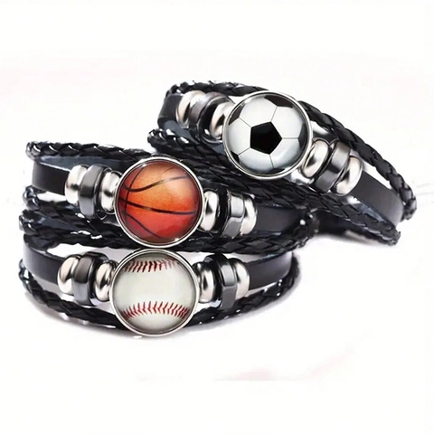 Braided PU Leather Sports Bracelet Adjustable Multi Layer Alloy Glass Dome Basketball Soccer Baseball Charm Jewelry