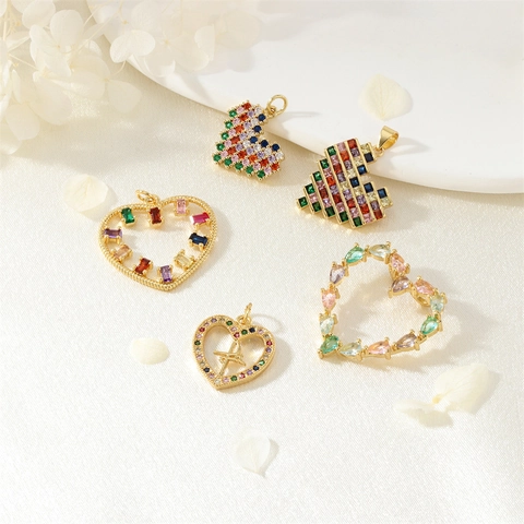 Heart Pendants Gold Plated Copper Colorful Cubic Zirconia Drip Oil Charms For DIY Jewelry Making Accessories