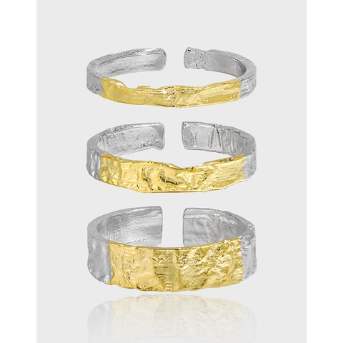925 Sterlingsilber Verstellbare Offene Ringe Für Damen Unregelmäßige Gehammerte Lava Textur Zweifarbig Gold Silber Ringe