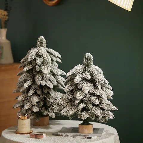 Artificial Flocked Christmas Tree Mini Snow PE Tabletop Ornament Pine Cones Red Berries Wood Base Nordic Style