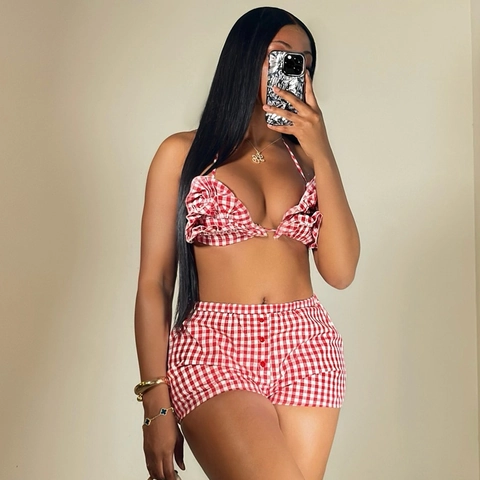 Top Corto Halter Gingham E Pantaloncini Da Donna Rosso E Bianco Con Volant Abbigliamento Estivo Sexy
