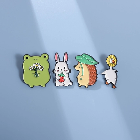 Cartoon Animal Enamel Brooch Pin Set Zinc Alloy Cute Frog Goose Rabbit Hedgehog Decorative Badge For Backpack Clothing Accessory Gift