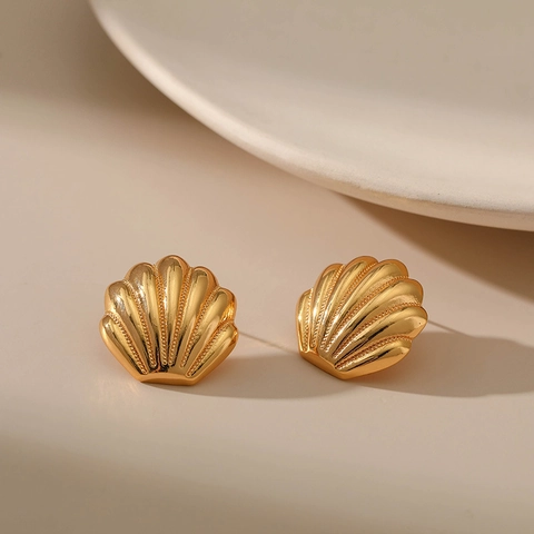 Pendientes De Botón De Concha Cobre Chapado En Oro De 18K Geométrico Texturizado Vintage Estilo Marino Minimalista Mujeres