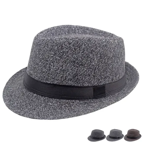 Retro Men Fedora Hat Herringbone British Style Jazz Trilby Short Brim Warm Autumn Winter Accessory