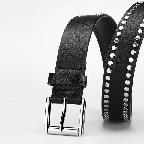 Ceinture À Rivets Punk Femmes Double Rangée En Similicuir PU Avec Boucle À Ardillon En Alliage Pour Jeans Mode Vintage