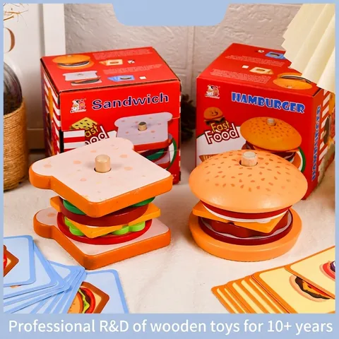 Wooden Simulation Food Toys Hamburger Sandwich French Fries Stacking Play House Kitchen Game Educational Montessori Kids