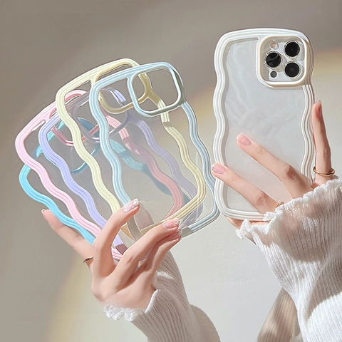 Wave Border TPU Phone Case For iPhone 16 15 14 13 12 Pro Max Candy Color Soft Shockproof Clear Back Cover Women Fashion Shell