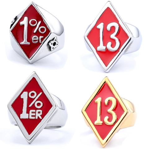 Biker Nummer 13 Edelstahl Ring Rote Emaille Raute Siegelring Vintage Punk Rock Herren Schmuck Accessoire Geschenke