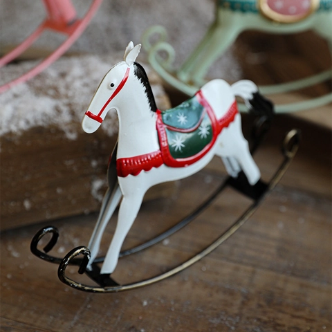 Christmas Metal Rocking Horse Ornament Retro Iron Hand Painted Desktop Decoration Nordic Style Holiday Home Cabinet Display
