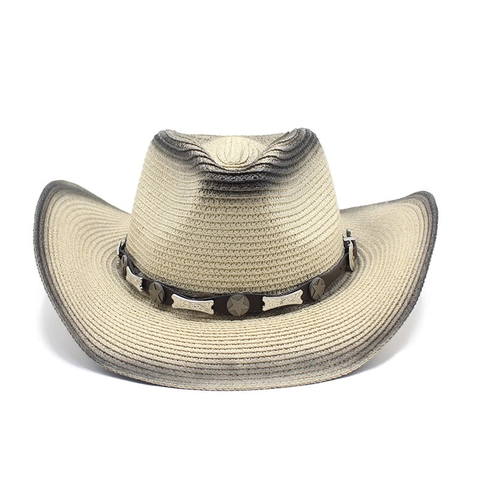 Western Cowboy Strohoed Geweven Papier Zonbescherming Brede Rand Strandhoed Met Leren Band Metalen Ster Voor Heren Dames