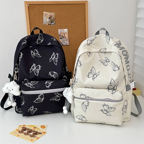 Schmetterling Druck Nylon Rucksack Große Kapazität Schultasche Für Studenten Mit Kawaii Wolke Plüsch Anhänger Ästhetische Tagesrucksack