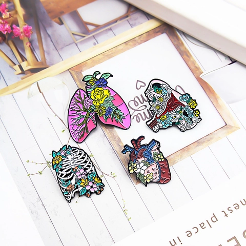 Floral Anatomical Organ Enamel Brooch Pin Artistic Heart Lungs Womb Rib Cage Alloy Jewelry For Medical Professionals