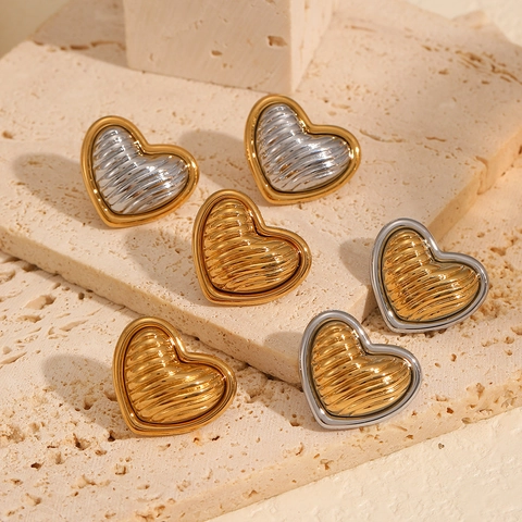 Heart Shaped Stud Earrings Stainless Steel Two Tone Wavy Texture Retro Ins Style Gold Plated Jewelry Women