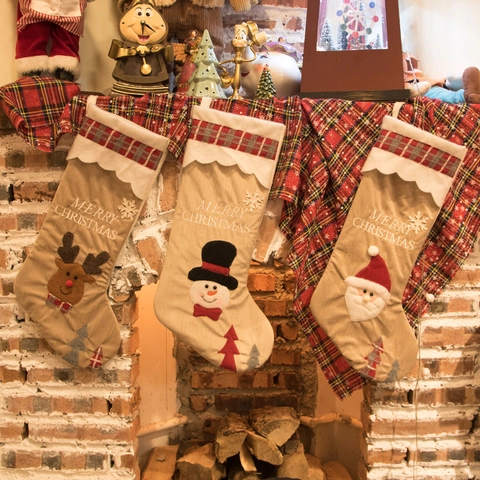 Christmas Stockings Faux Linen Fabric Gift Bags With Santa Snowman Reindeer Applique For Fireplace Xmas Tree Decor