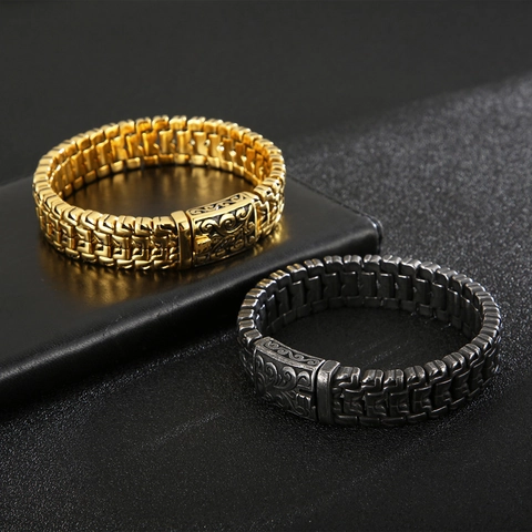 Men Stainless Steel Chain Bracelet Retro Industrial Style With Carved Tree Of Life Pattern Clasp Jewelry