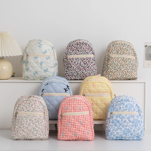 Quilted Mini Backpack Floral Bow Checkered Pattern Lightweight Large Capacity Daily School Travel Sweet JK Style Girls Women