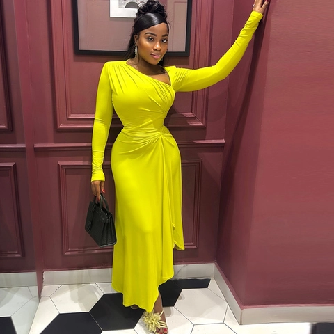Women Ruched Long Sleeve Maxi Dress Asymmetric Slanting Neckline Irregular Bodycon Elegant Polyester Spandex Neon Yellow Black