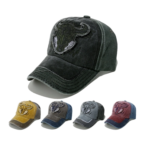Cappello Da Baseball In Cotone Lavato Vintage Con Ricamo Teschio Di Toro Berretto Sole Retro Hip Hop Regolabile