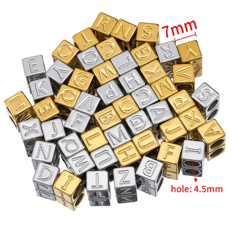 Square Letter Beads Stainless Steel Engraved Alphabet Charms Large Hole For DIY Jewelry Making Necklace Bracelet Accessory