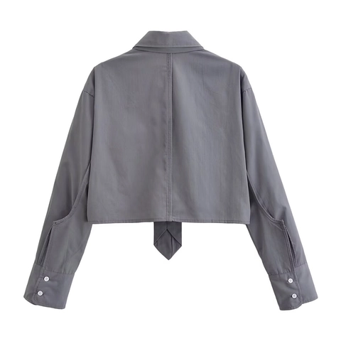 Women Cropped Long Sleeve Shirt With Tie Solid Gray Polyester Button Down Chic Streetwear Top
